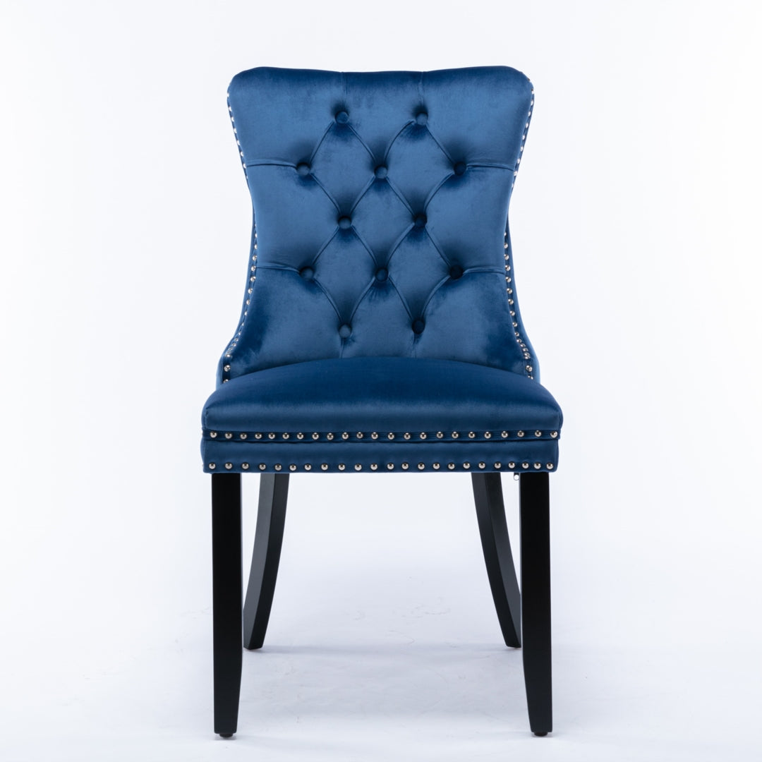 Kitchen & Dining Chairs: 2x Velvet Dining Chairs Upholstered Tufted Kithcen Chair with Solid Wood Legs Stud Trim and Ring-Blue