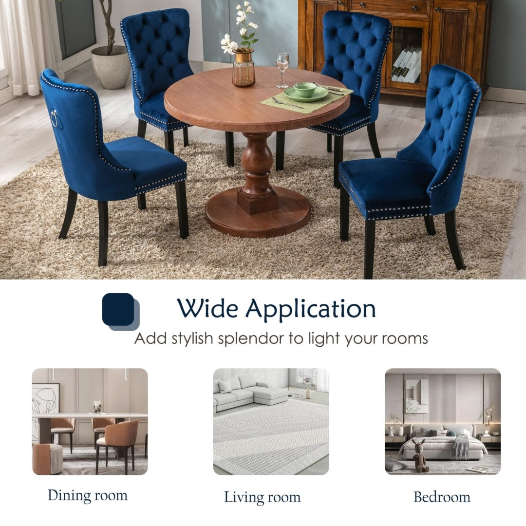Kitchen & Dining Chairs: 2x Velvet Dining Chairs Upholstered Tufted Kithcen Chair with Solid Wood Legs Stud Trim and Ring-Blue