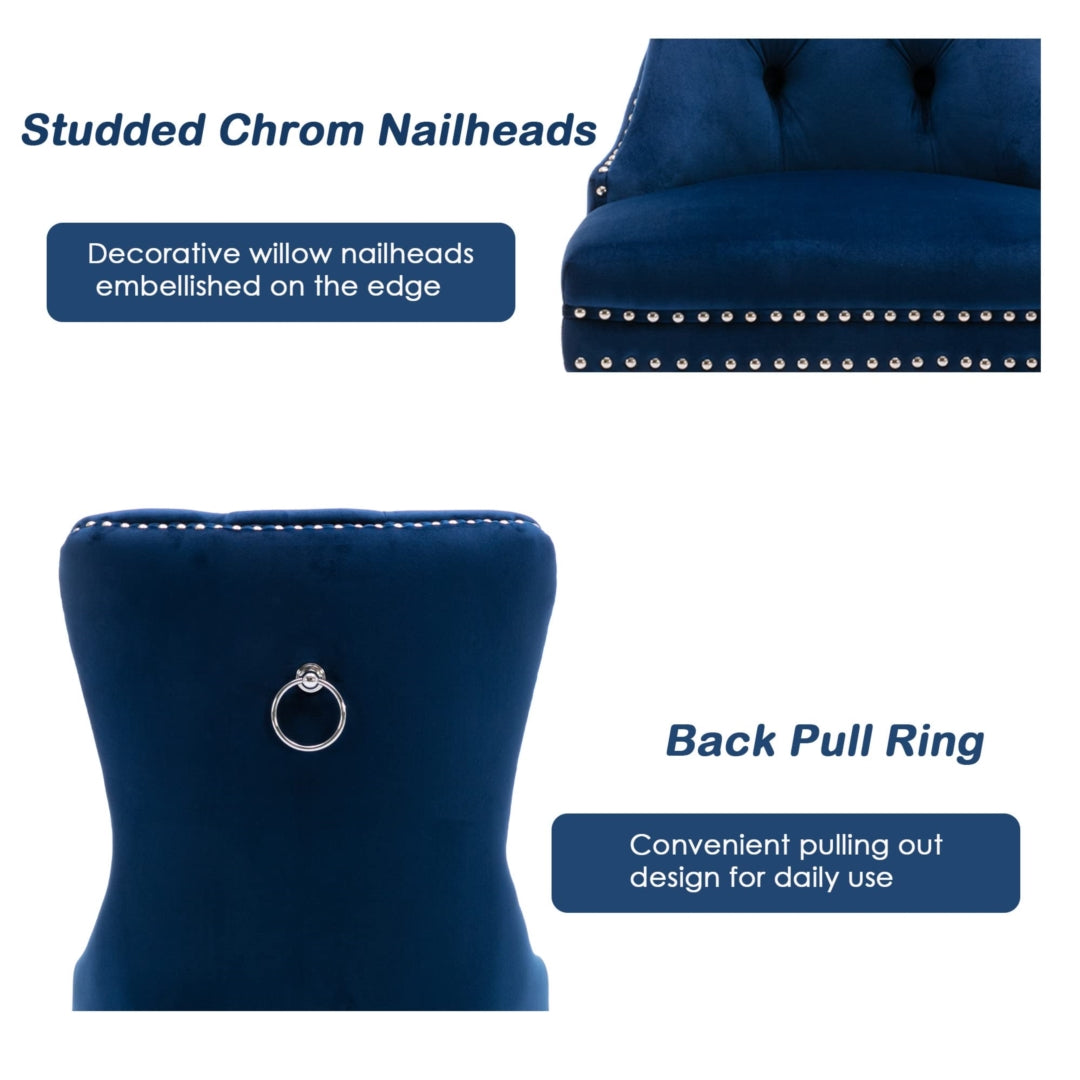 Kitchen & Dining Chairs: 2x Velvet Dining Chairs Upholstered Tufted Kithcen Chair with Solid Wood Legs Stud Trim and Ring-Blue