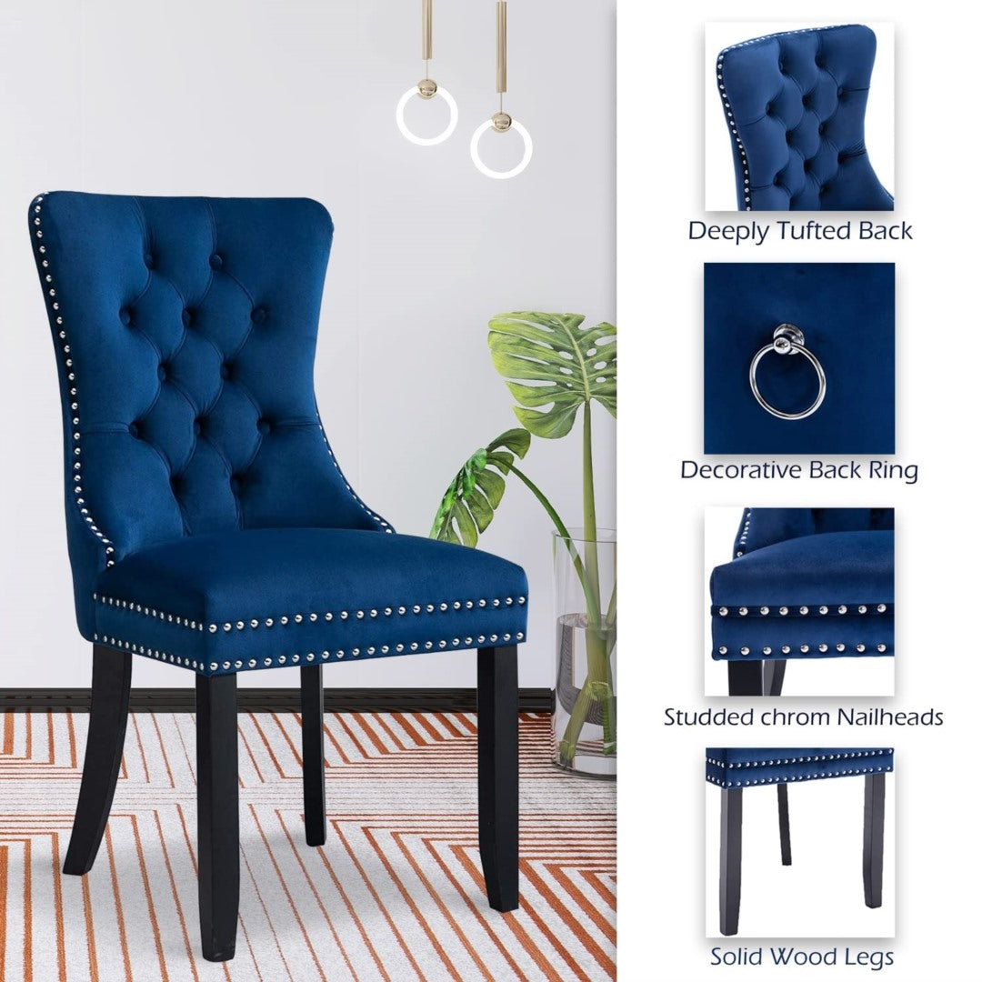 Kitchen & Dining Chairs: 2x Velvet Dining Chairs Upholstered Tufted Kithcen Chair with Solid Wood Legs Stud Trim and Ring-Blue