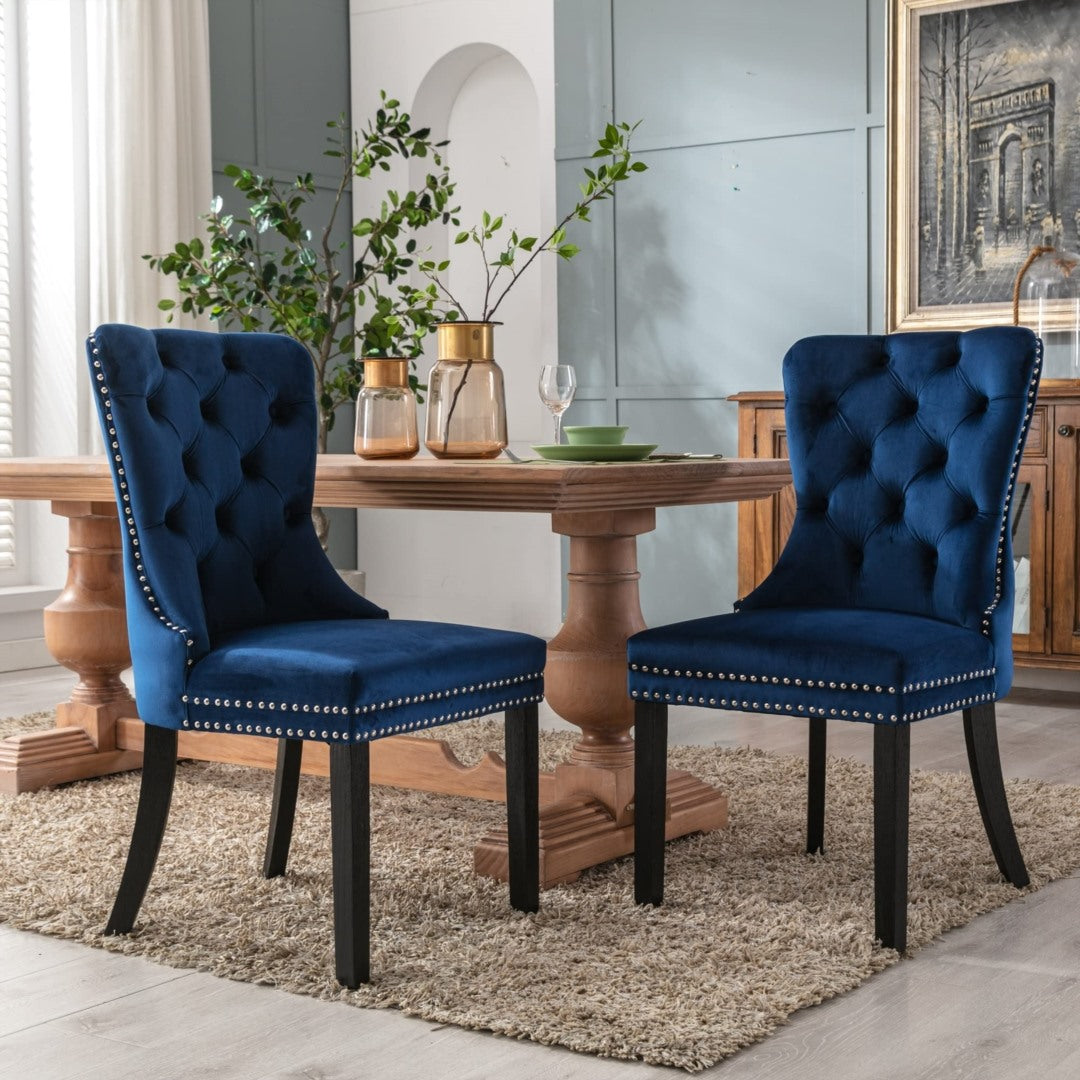 Kitchen & Dining Chairs: 2x Velvet Dining Chairs Upholstered Tufted Kithcen Chair with Solid Wood Legs Stud Trim and Ring-Blue