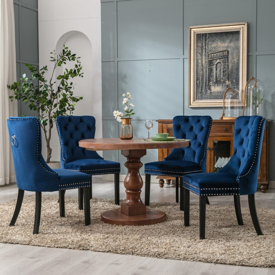 Kitchen & Dining Chairs: 2x Velvet Dining Chairs Upholstered Tufted Kithcen Chair with Solid Wood Legs Stud Trim and Ring-Blue