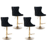 Table & Bar Stools: 4x Height Adjustable Swivel Bar Stool Velvet Studs Barstool with Footrest and Golden Base- Black