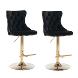 Table & Bar Stools: 4x Height Adjustable Swivel Bar Stool Velvet Studs Barstool with Footrest and Golden Base- Black