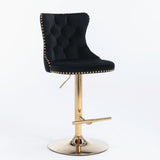 Table & Bar Stools: 4x Height Adjustable Swivel Bar Stool Velvet Studs Barstool with Footrest and Golden Base- Black