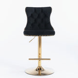 Table & Bar Stools: 4x Height Adjustable Swivel Bar Stool Velvet Studs Barstool with Footrest and Golden Base- Black