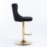 Table & Bar Stools: 4x Height Adjustable Swivel Bar Stool Velvet Studs Barstool with Footrest and Golden Base- Black
