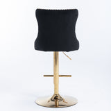 Table & Bar Stools: 4x Height Adjustable Swivel Bar Stool Velvet Studs Barstool with Footrest and Golden Base- Black