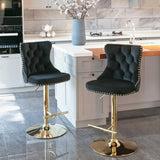 Table & Bar Stools: 4x Height Adjustable Swivel Bar Stool Velvet Studs Barstool with Footrest and Golden Base- Black