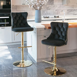 Table & Bar Stools: 4x Height Adjustable Swivel Bar Stool Velvet Studs Barstool with Footrest and Golden Base- Black