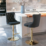 Table & Bar Stools: 4x Height Adjustable Swivel Bar Stool Velvet Studs Barstool with Footrest and Golden Base- Black