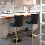 Table & Bar Stools: 4x Height Adjustable Swivel Bar Stool Velvet Studs Barstool with Footrest and Golden Base- Black