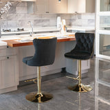 Table & Bar Stools: 4x Height Adjustable Swivel Bar Stool Velvet Studs Barstool with Footrest and Golden Base- Black