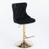Table & Bar Stools: 4x Height Adjustable Swivel Bar Stool Velvet Studs Barstool with Footrest and Golden Base- Black