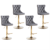 Table & Bar Stools: 4x Height Adjustable Swivel Bar Stool Velvet Studs Barstool with Footrest and Golden Base- Grey
