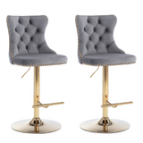 Table & Bar Stools: 4x Height Adjustable Swivel Bar Stool Velvet Studs Barstool with Footrest and Golden Base- Grey