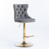 Table & Bar Stools: 4x Height Adjustable Swivel Bar Stool Velvet Studs Barstool with Footrest and Golden Base- Grey