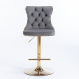 Table & Bar Stools: 4x Height Adjustable Swivel Bar Stool Velvet Studs Barstool with Footrest and Golden Base- Grey