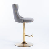 Table & Bar Stools: 4x Height Adjustable Swivel Bar Stool Velvet Studs Barstool with Footrest and Golden Base- Grey