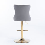 Table & Bar Stools: 4x Height Adjustable Swivel Bar Stool Velvet Studs Barstool with Footrest and Golden Base- Grey