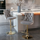 Table & Bar Stools: 4x Height Adjustable Swivel Bar Stool Velvet Studs Barstool with Footrest and Golden Base- Grey