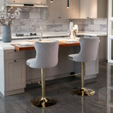 Table & Bar Stools: 4x Height Adjustable Swivel Bar Stool Velvet Studs Barstool with Footrest and Golden Base- Grey