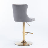 Table & Bar Stools: 4x Height Adjustable Swivel Bar Stool Velvet Studs Barstool with Footrest and Golden Base- Grey