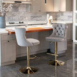 Table & Bar Stools: 4x Height Adjustable Swivel Bar Stool Velvet Studs Barstool with Footrest and Golden Base- Grey