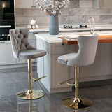 Table & Bar Stools: 4x Height Adjustable Swivel Bar Stool Velvet Studs Barstool with Footrest and Golden Base- Grey