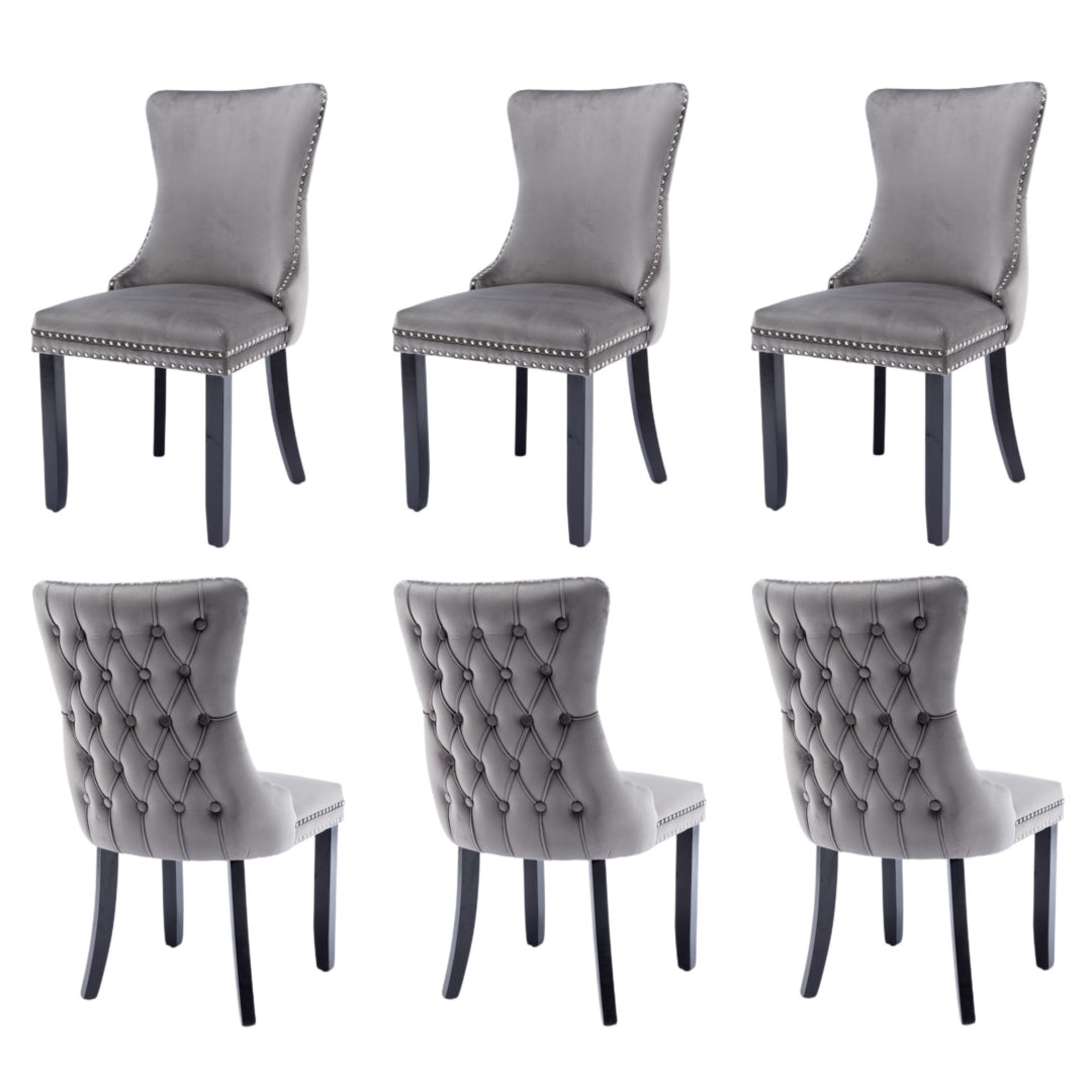 Kitchen & Dining Chairs: 6x Velvet Upholstered Dining Chairs Tufted Wingback Side Chair with Studs Trim Solid Wood Legs for Kitchen