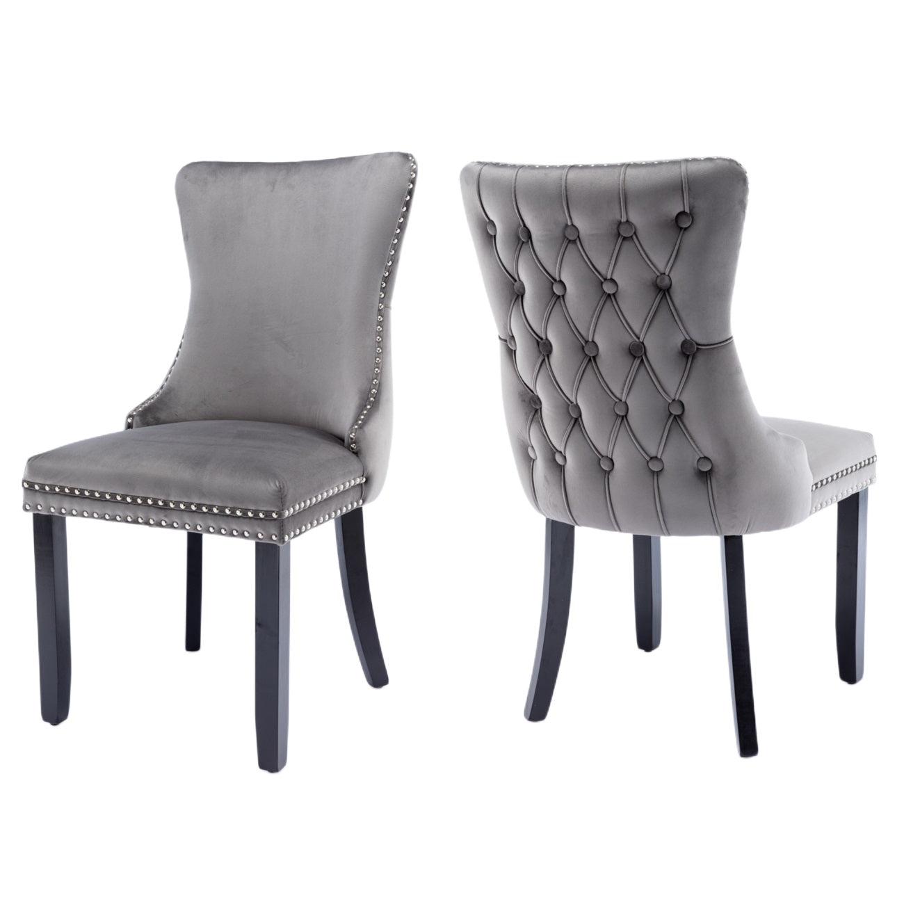Kitchen & Dining Chairs: 6x Velvet Upholstered Dining Chairs Tufted Wingback Side Chair with Studs Trim Solid Wood Legs for Kitchen