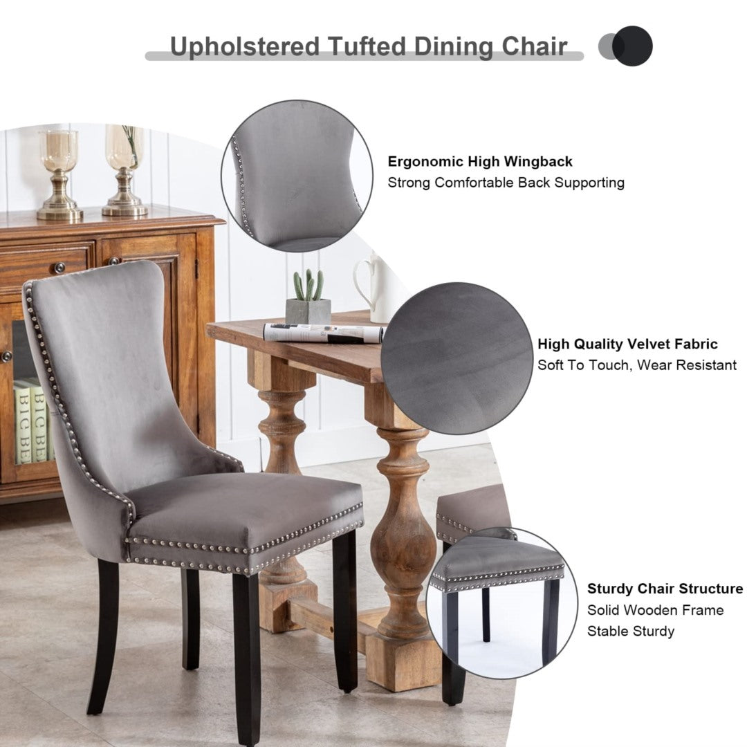 Kitchen & Dining Chairs: 6x Velvet Upholstered Dining Chairs Tufted Wingback Side Chair with Studs Trim Solid Wood Legs for Kitchen