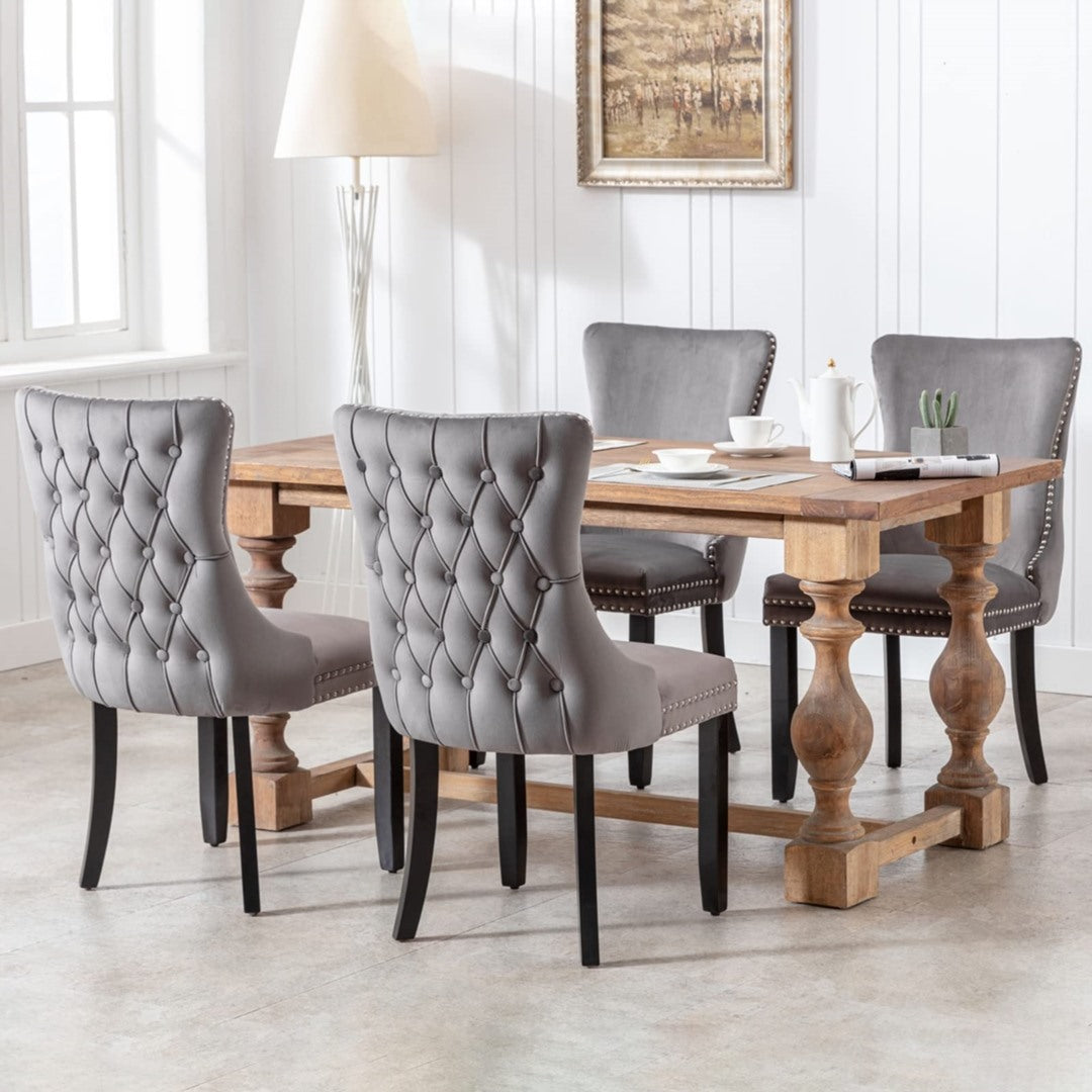 Kitchen & Dining Chairs: 6x Velvet Upholstered Dining Chairs Tufted Wingback Side Chair with Studs Trim Solid Wood Legs for Kitchen