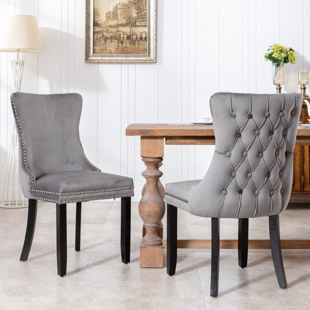 Kitchen & Dining Chairs: 6x Velvet Upholstered Dining Chairs Tufted Wingback Side Chair with Studs Trim Solid Wood Legs for Kitchen