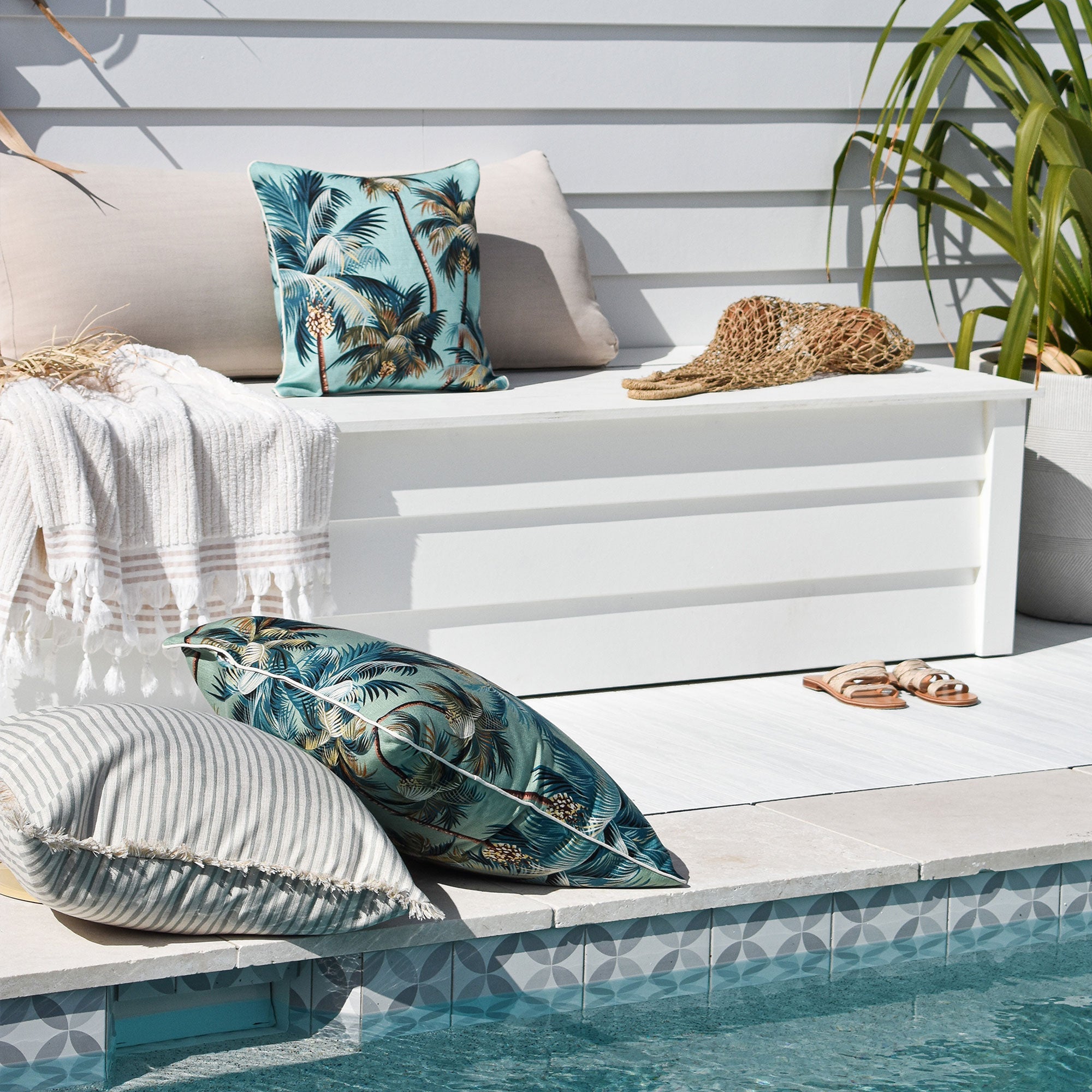 Cushions & Throws: Cushion Cover-With Piping-Palm Trees Lagoon-60cm x 60cm