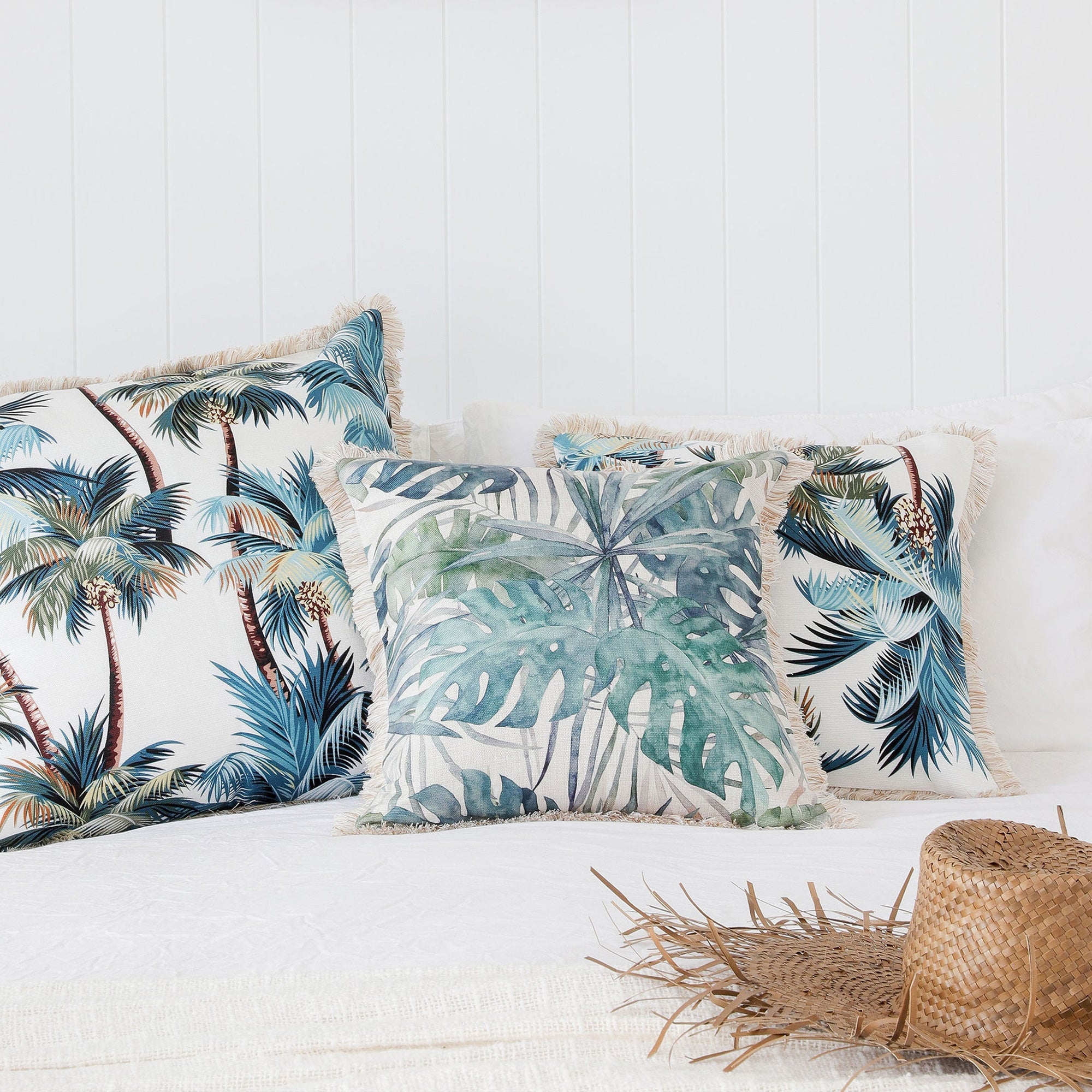 Cushions & Throws: Cushion Cover-Coastal Fringe Natural-Palm Trees White-45cm x 45cm