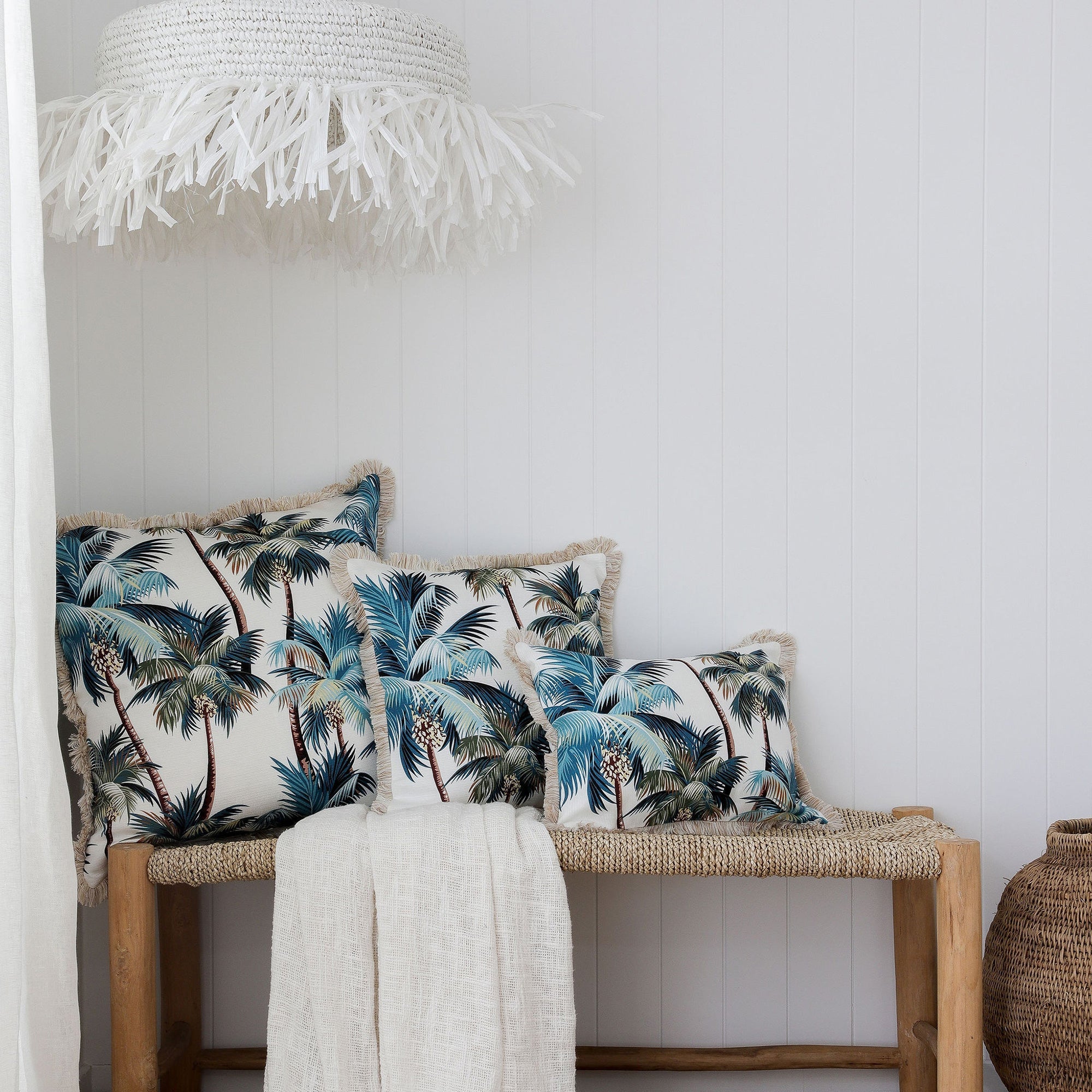 Cushions & Throws: Cushion Cover-Coastal Fringe Natural-Palm Trees White-45cm x 45cm