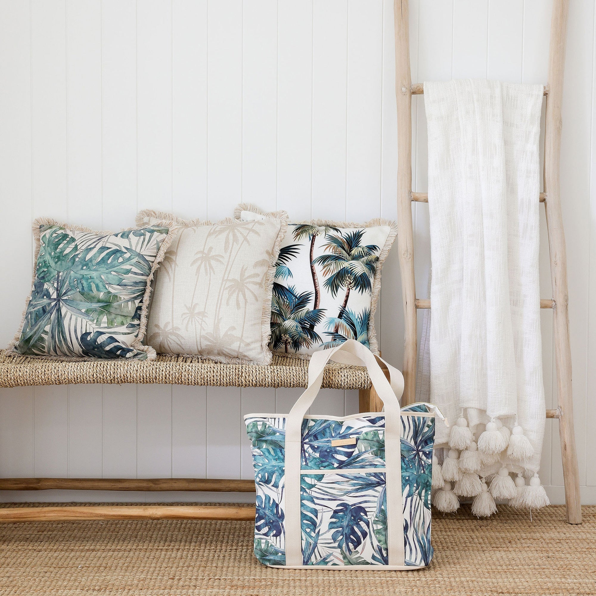 Cushions & Throws: Cushion Cover-Coastal Fringe Natural-Palm Trees White-45cm x 45cm