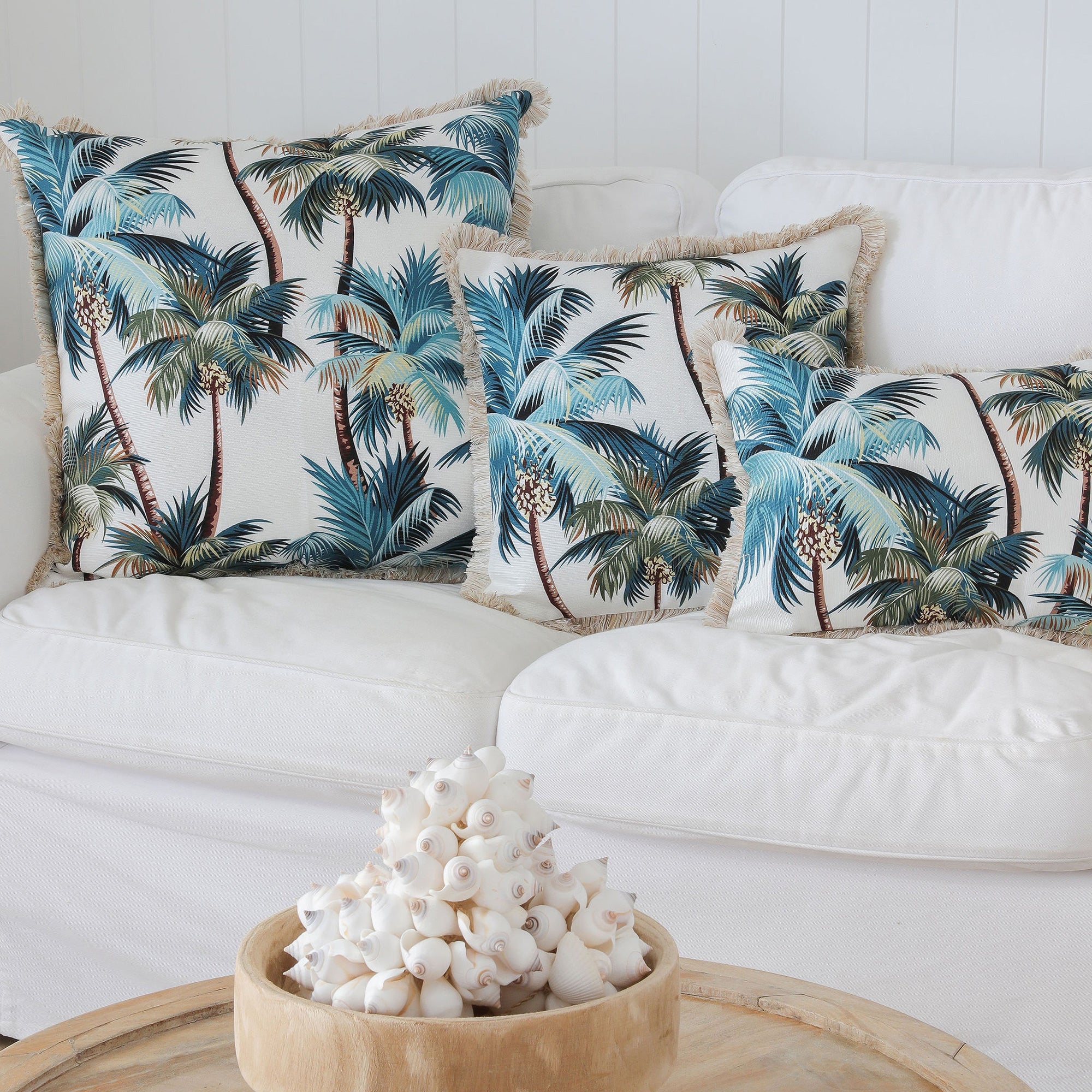 Cushions & Throws: Cushion Cover-Coastal Fringe Natural-Palm Trees White-45cm x 45cm