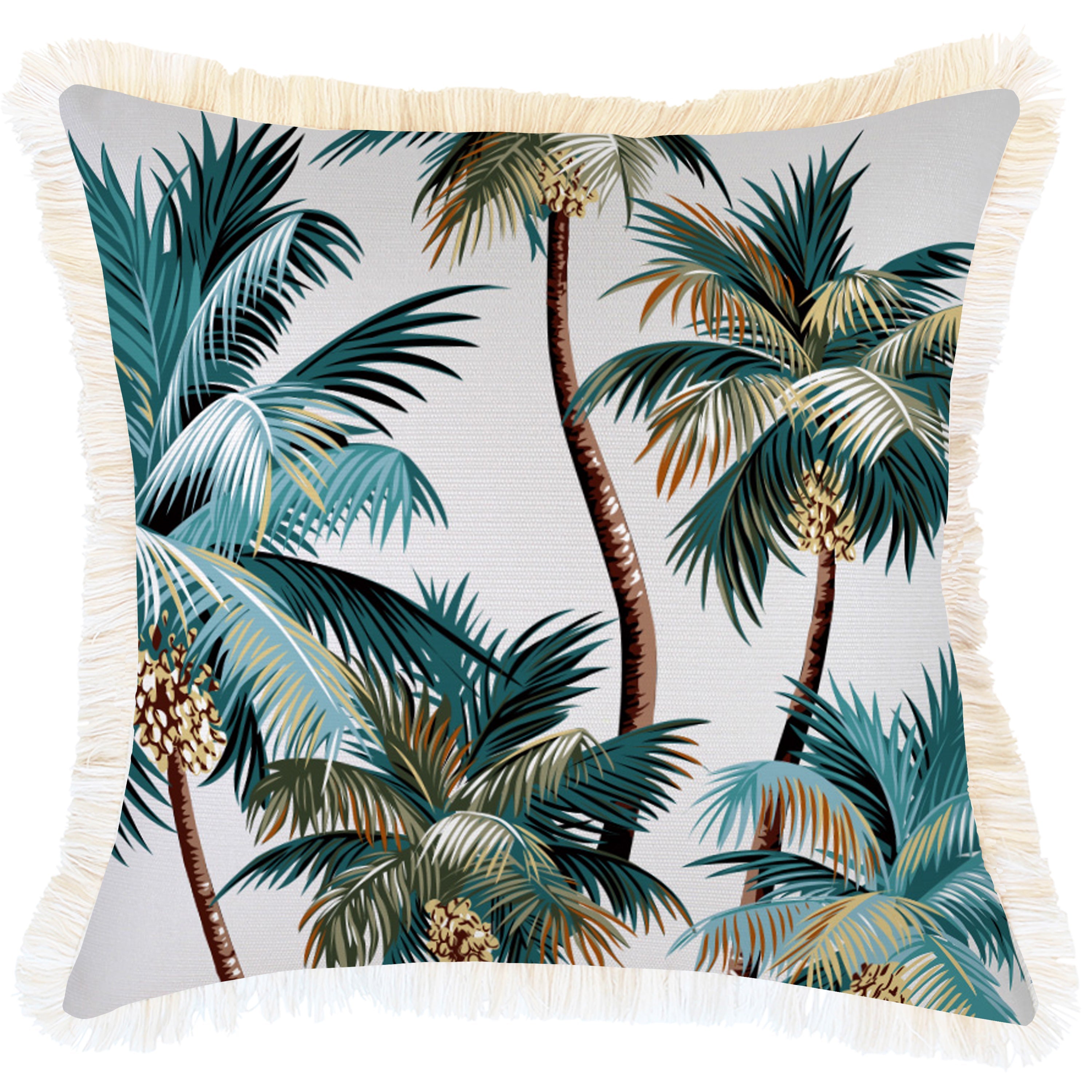 Cushions & Throws: Cushion Cover-Coastal Fringe Natural-Palm Trees White-45cm x 45cm