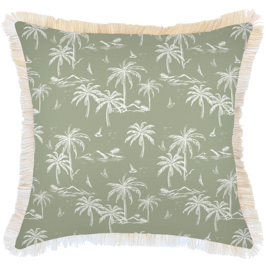 Cushions & Throws: Cushion Cover-Coastal Fringe Natural-Postcards Sage-60cm x 60cm
