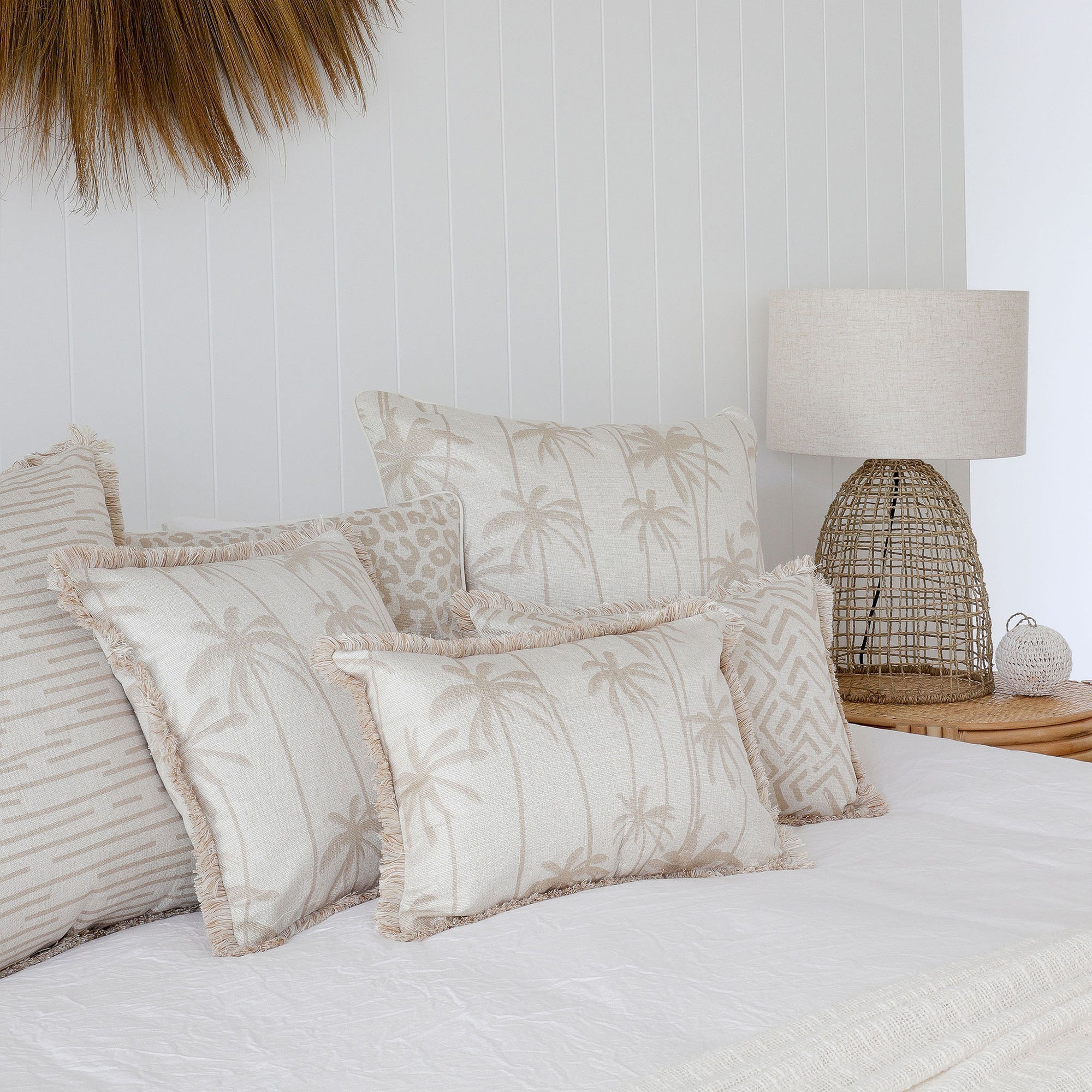 Cushions & Throws: Cushion Cover-Coastal Fringe-Tall-Palms-Beige-35cm x 50cm
