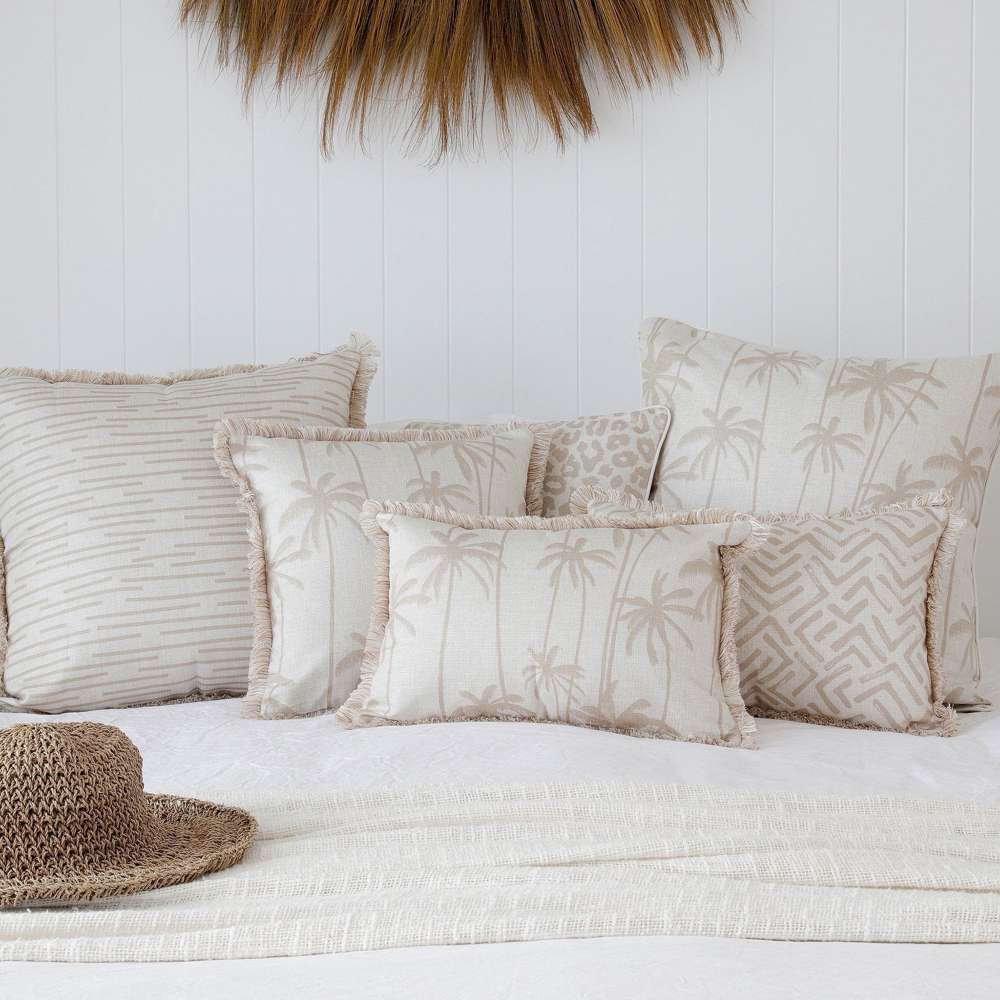 Cushions & Throws: Cushion Cover-Coastal Fringe-Tall-Palms-Beige-35cm x 50cm