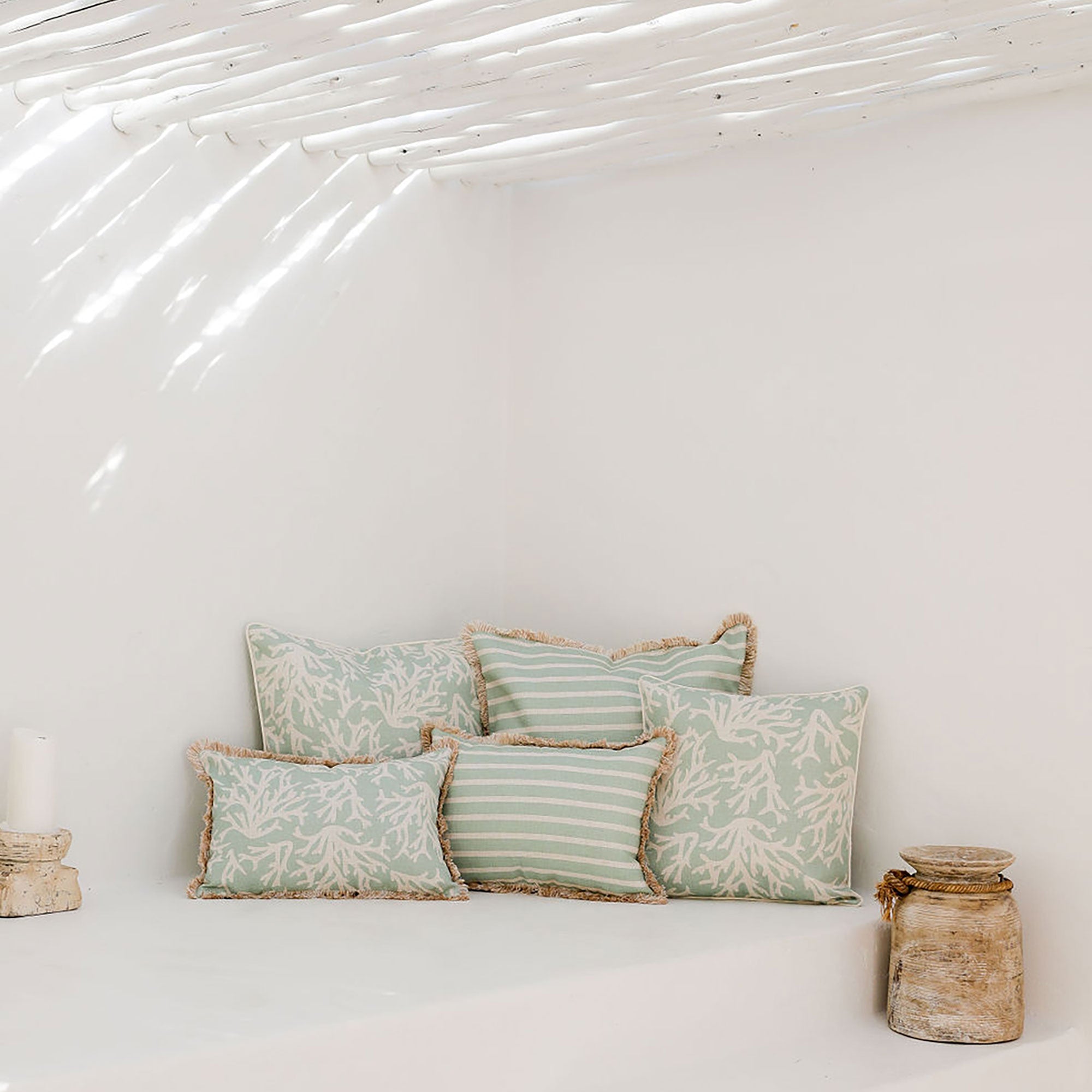 Boating Accessories: Cushion Cover-Coastal Fringe Natural-Coastal Coral Seafoam-35cm x 50cm