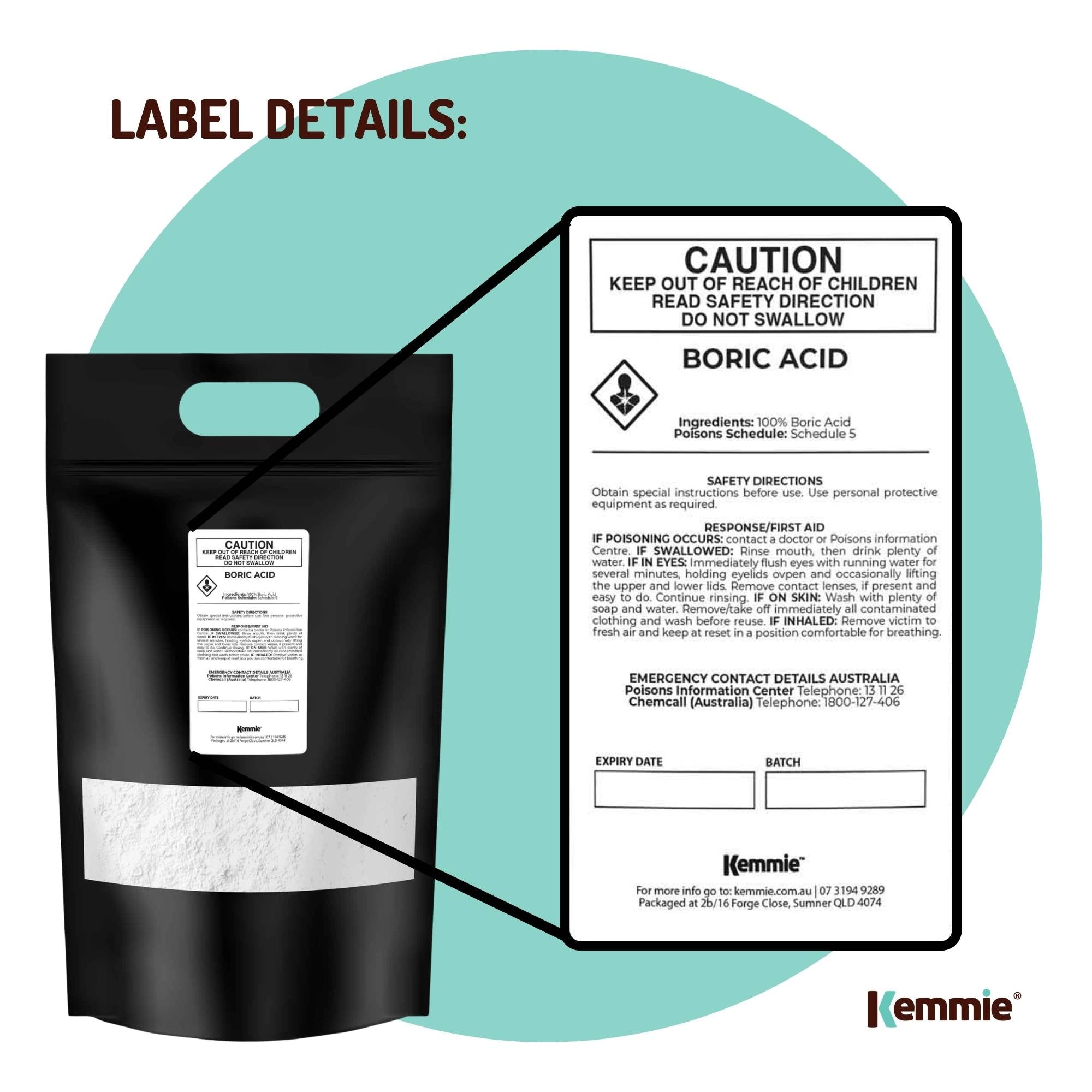 Kemmie 5Kg Boric Acid Powder 99.9% Pure - Soluble Orthoboric Acid H3BO3