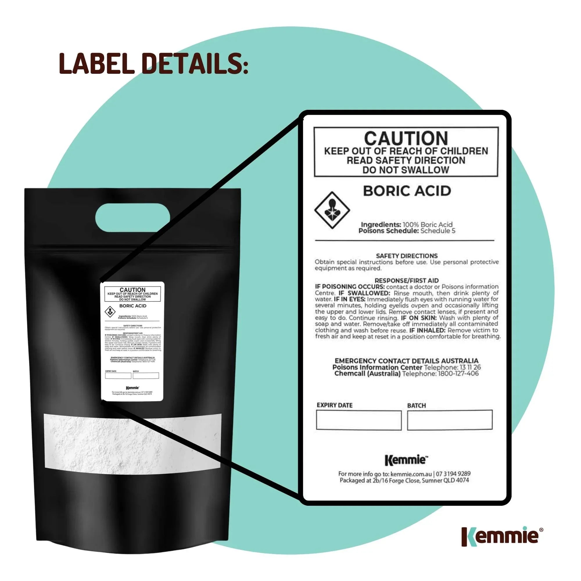 Kemmie 20Kg Boric Acid Powder 99.9% Pure - Soluble Orthoboric Acid H3BO3