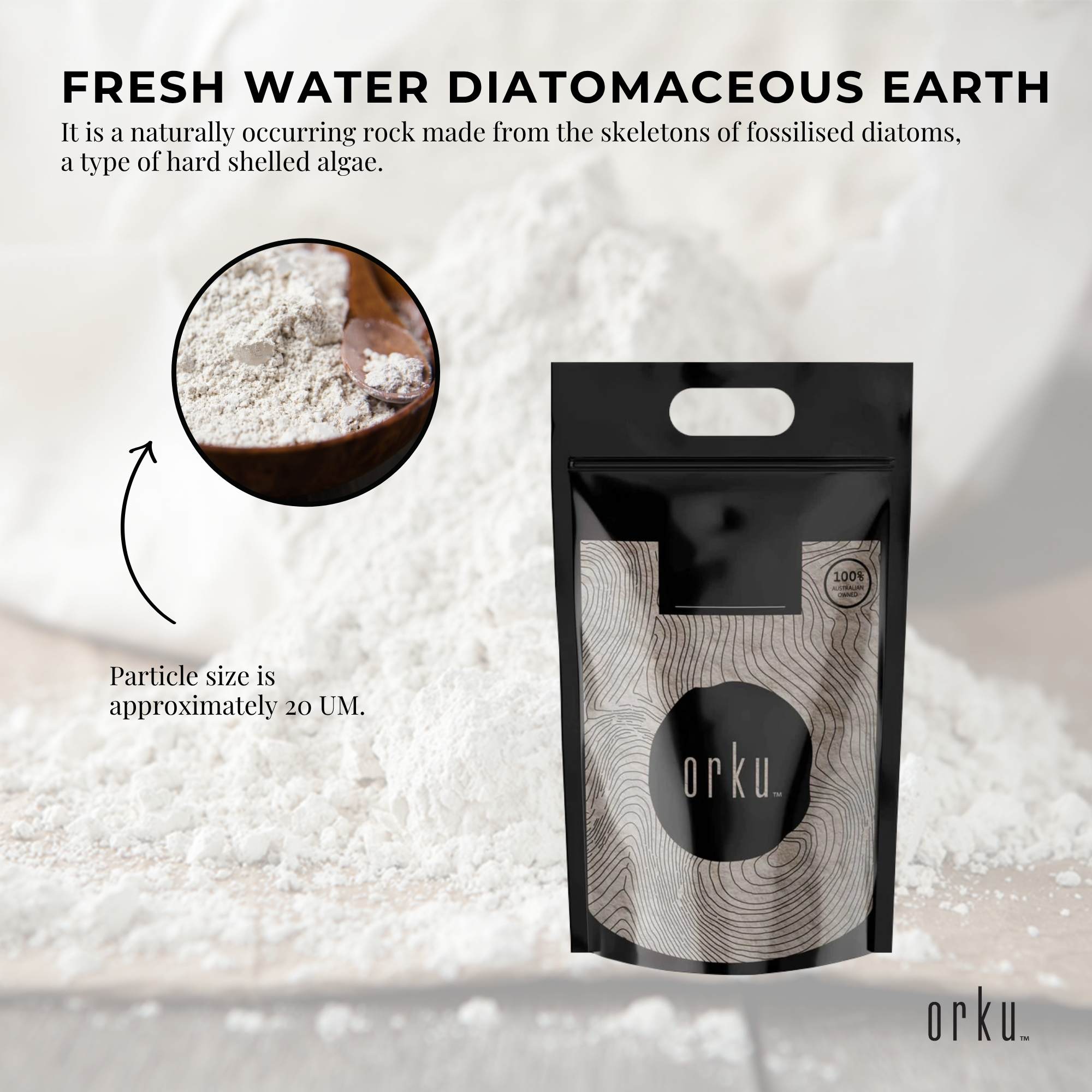 Orku 10Kg Fine Diatomaceous Earth - Food Grade FCC Fossil Shell Flour Powder