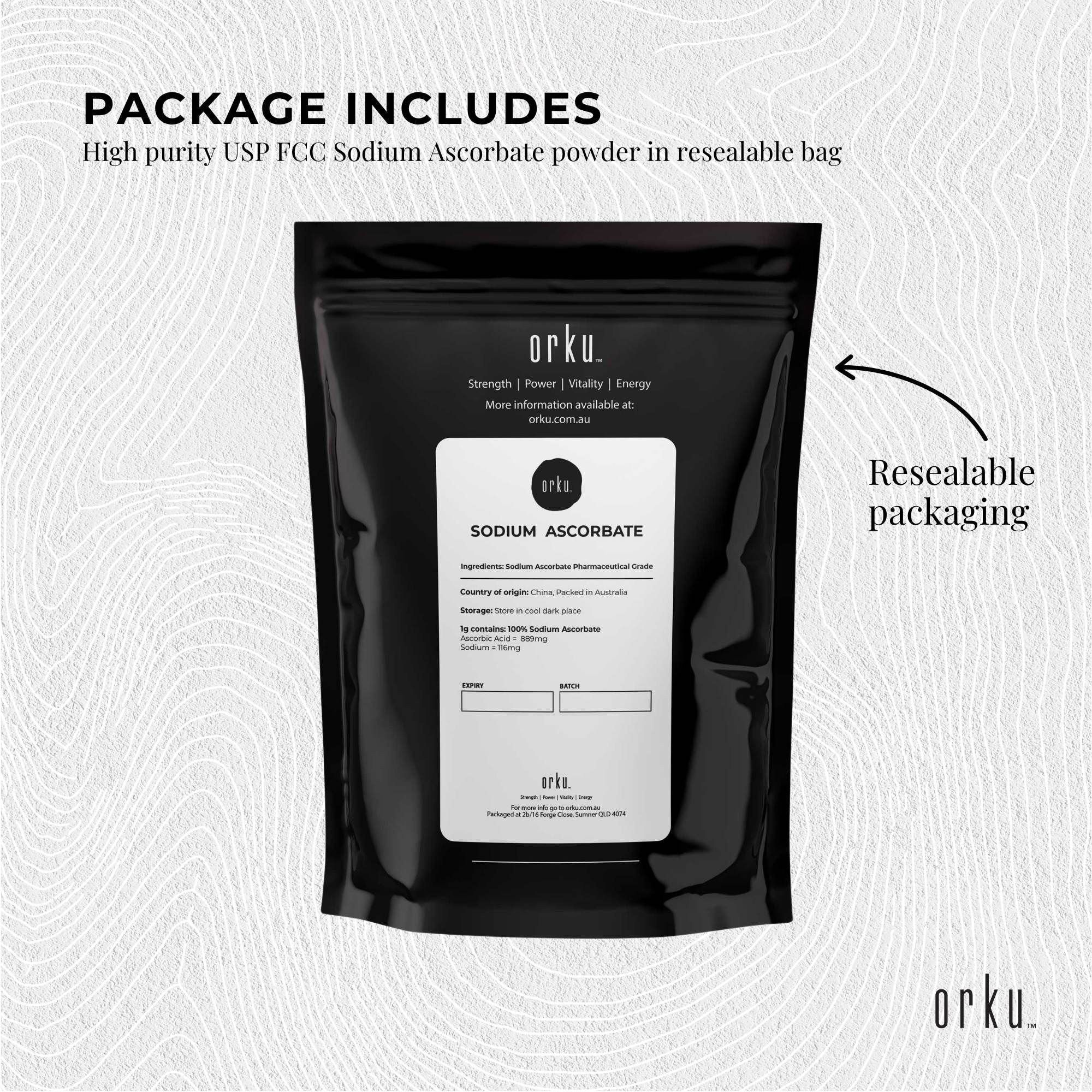 Orku 2Kg Sodium Ascorbate - High Purity Soluble Crystalline Powder Ingredient