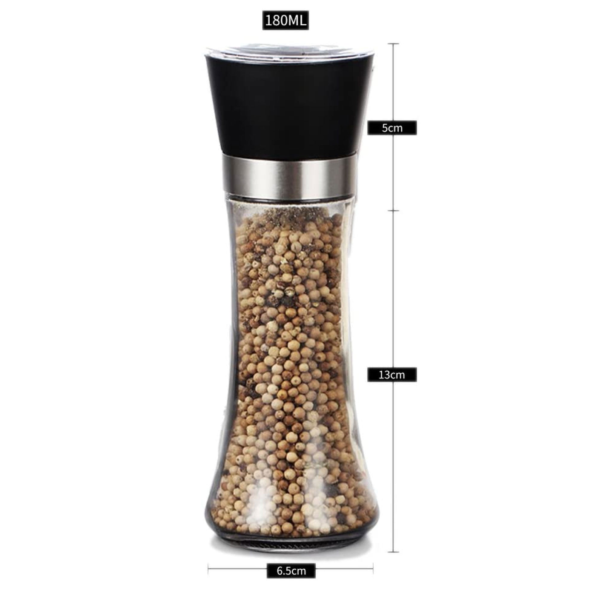 Salt & Pepper Shakers: 1x 180ml Glass Salt or Pepper Grinder 18cm - Adjustable Ceramic Core Tall Mill