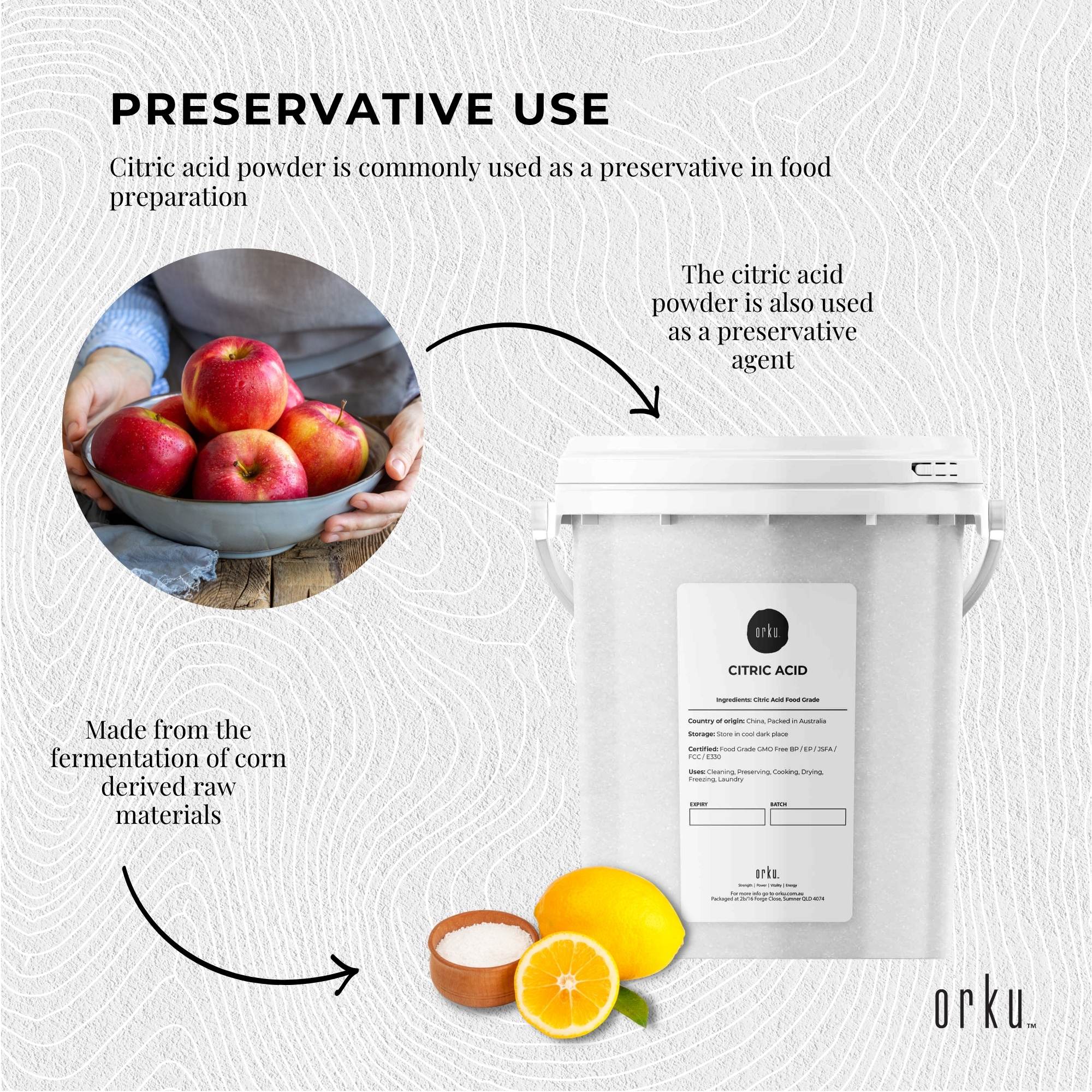 Orku 1.2Kg Citric Acid Powder Tub - Food Grade Non GMO Anhydrous Preservative E330